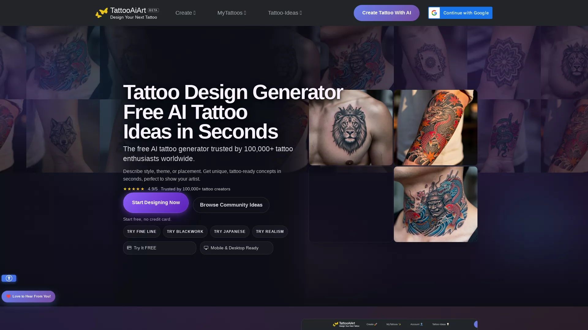 TattooAiArt - AI Tattoo Design Generator Website Screenshot
