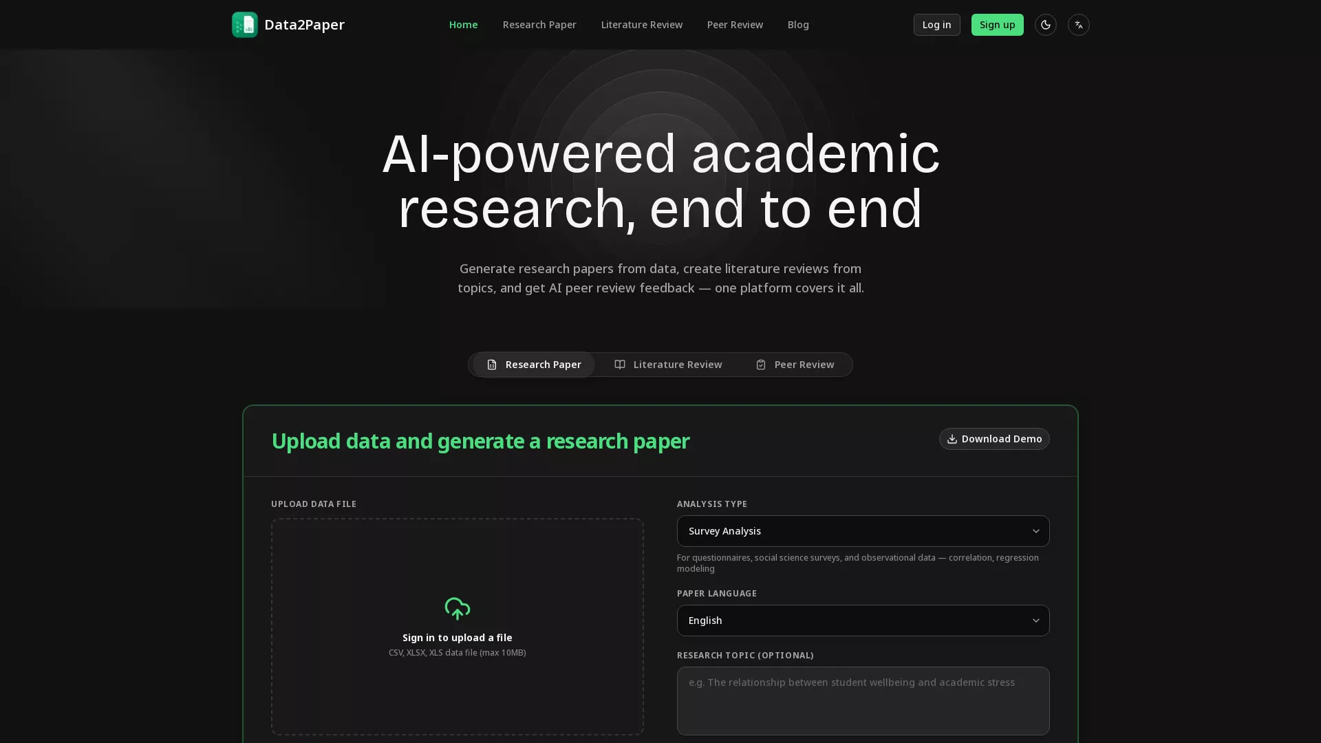 Data2Paper - AI Academic Paper Drafting Website Screenshot