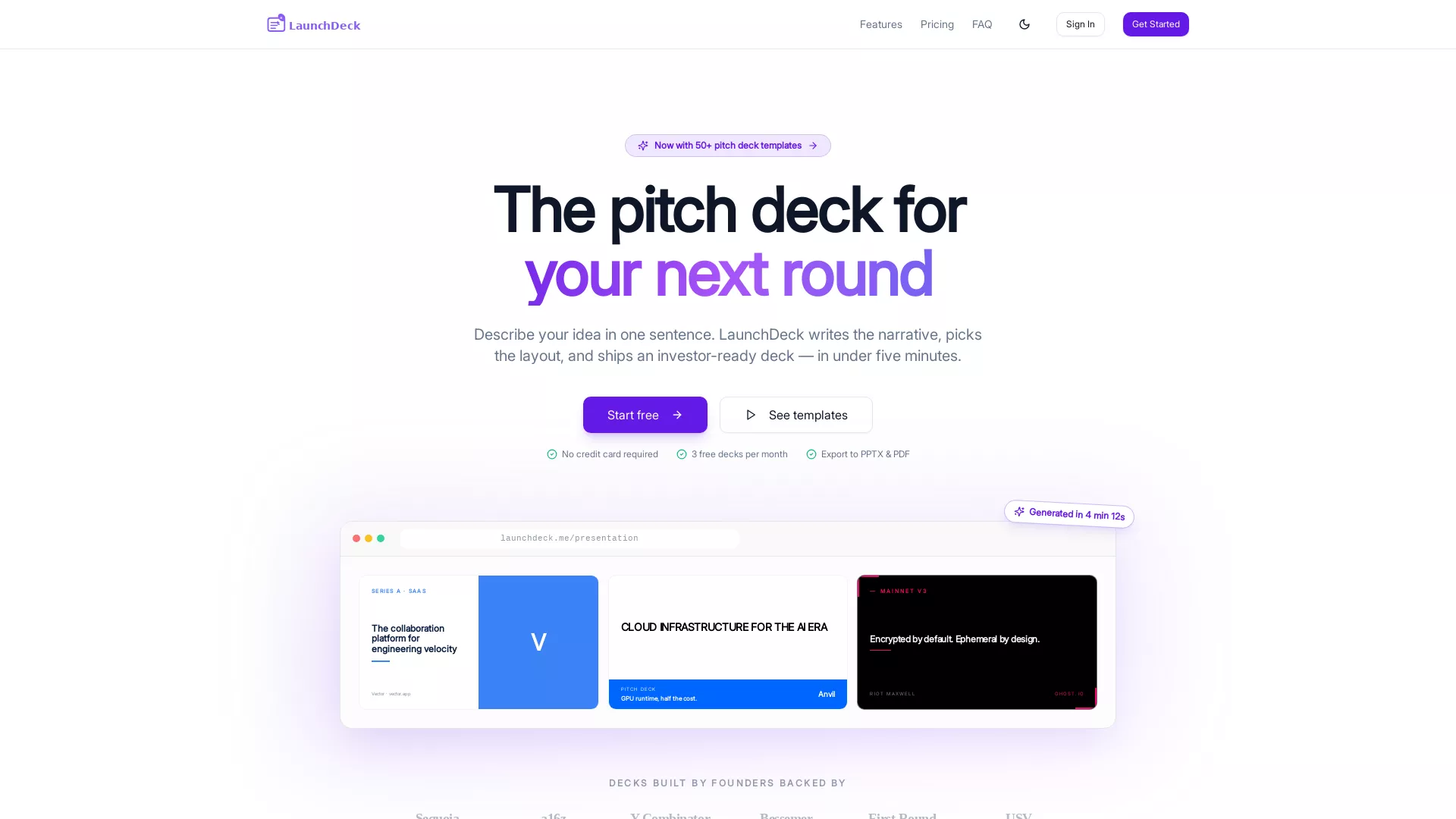 LaunchDeck - AI Pitch Deck Generator Website Screenshot