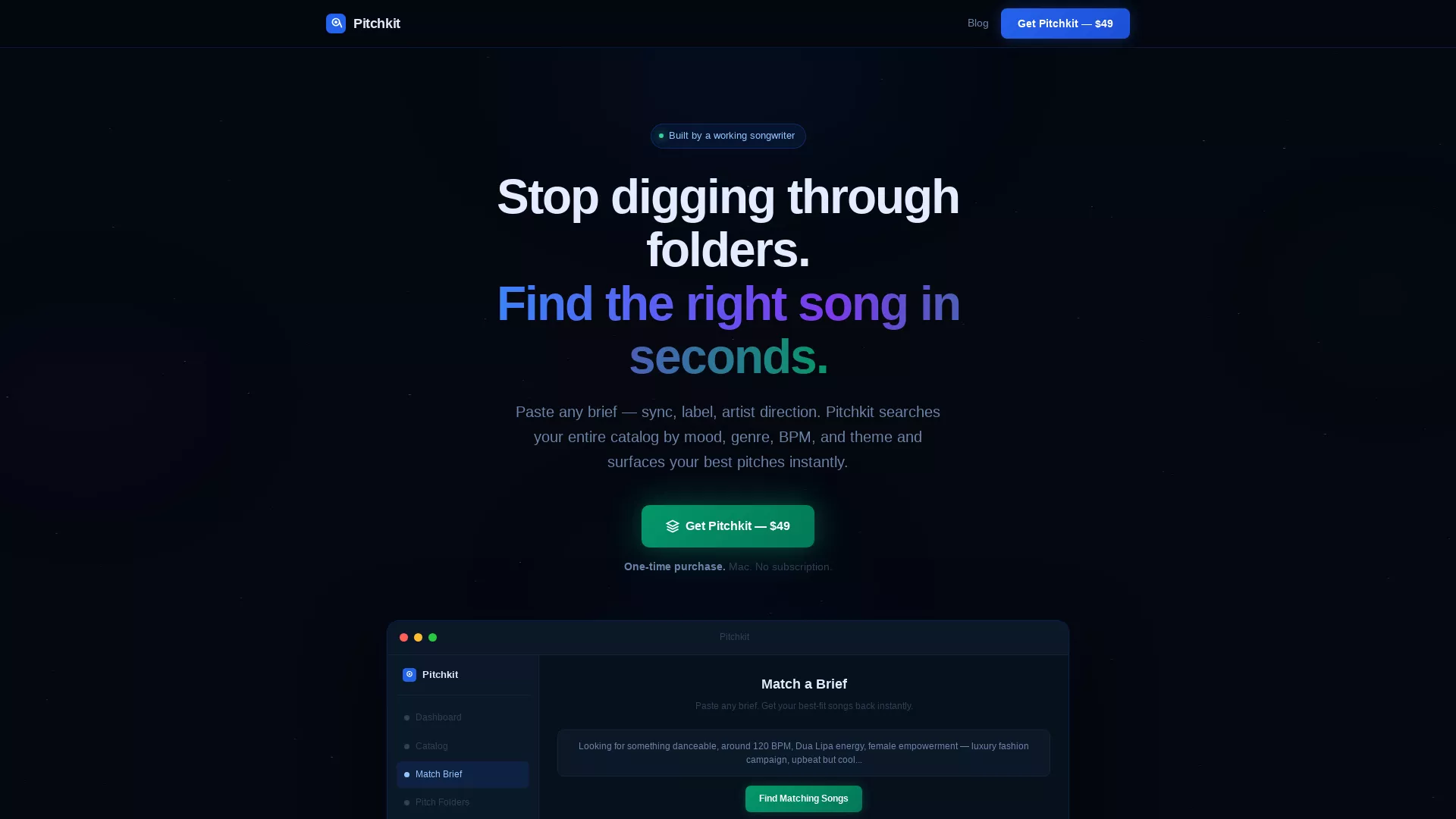 Pitchkit - AI Music Catalog Search Website Screenshot