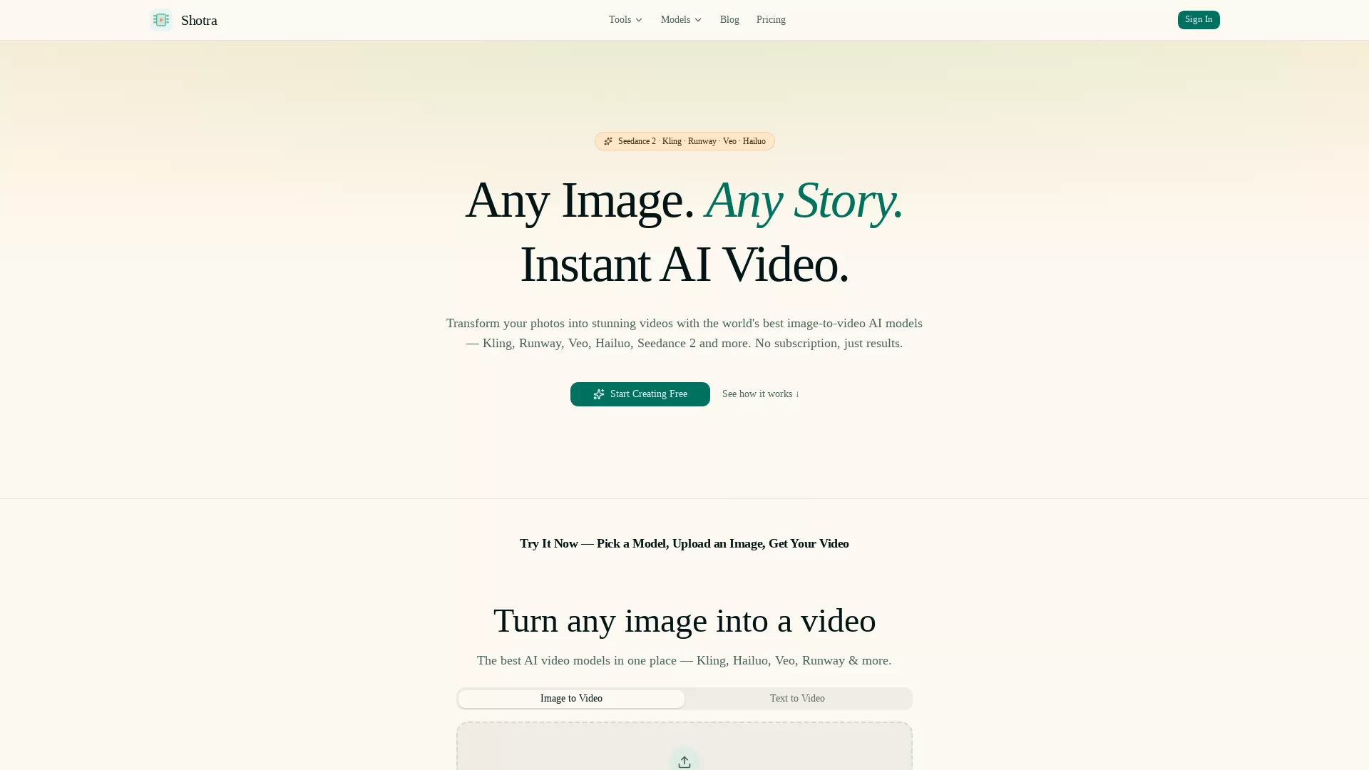 Shotra - AI Video Generator Website Screenshot