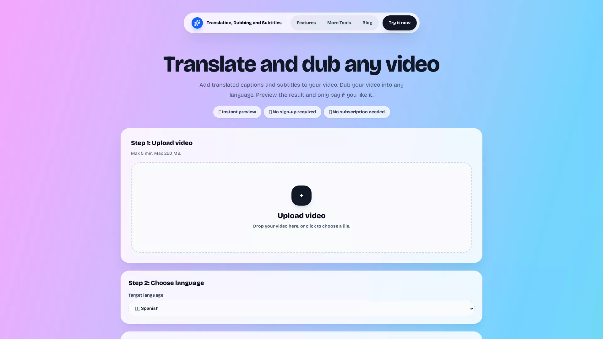 TranslateDub - Video Translation Tool Website Screenshot