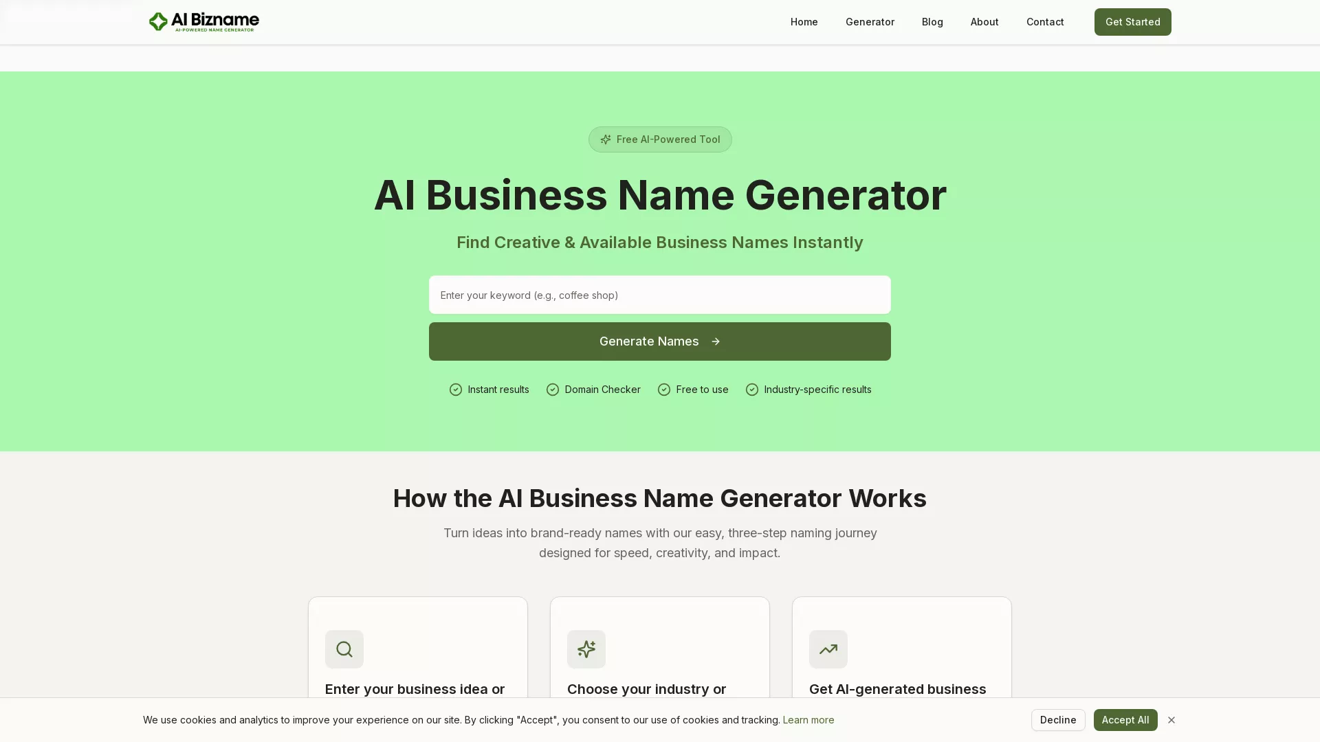 AiBizname - AI Business Name Generator Website Screenshot