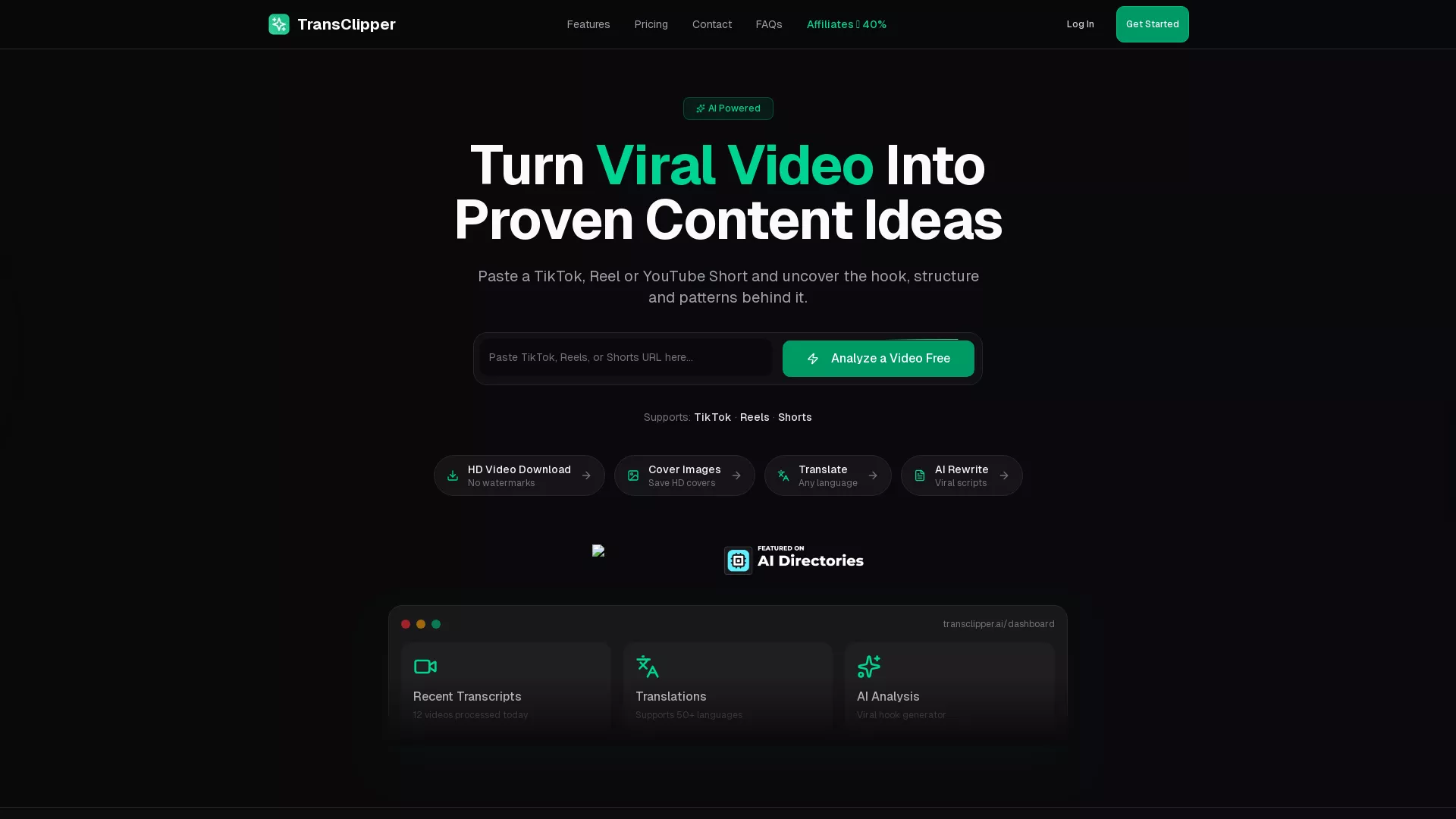 TransClipper - AI Video Transcript Tools Website Screenshot