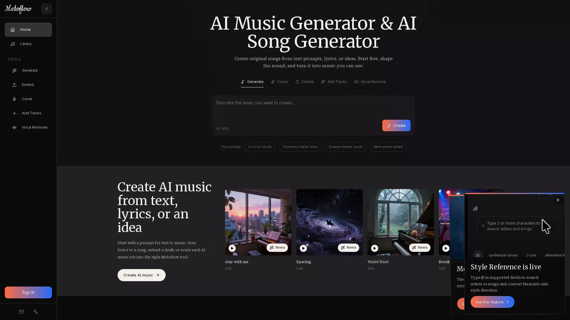 Meloflow - AI Music Generator Website Screenshot