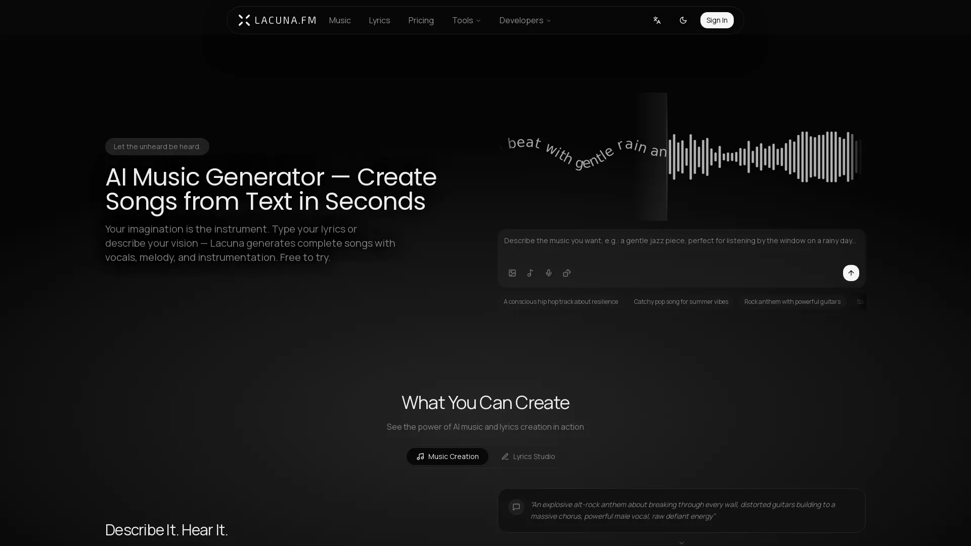 Lacuna - AI Music Generator Website Screenshot