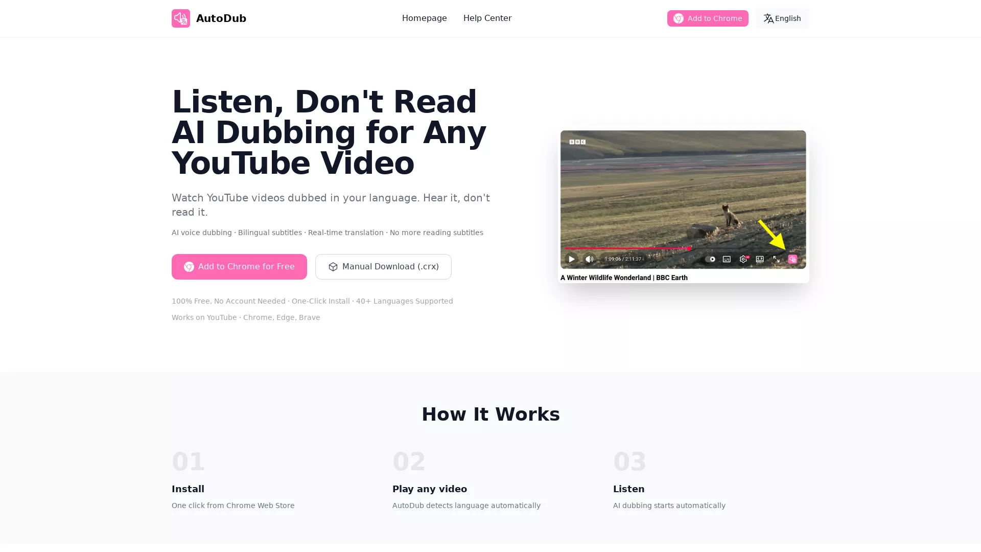 AutoDub - YouTube Dubbing AI Website Screenshot