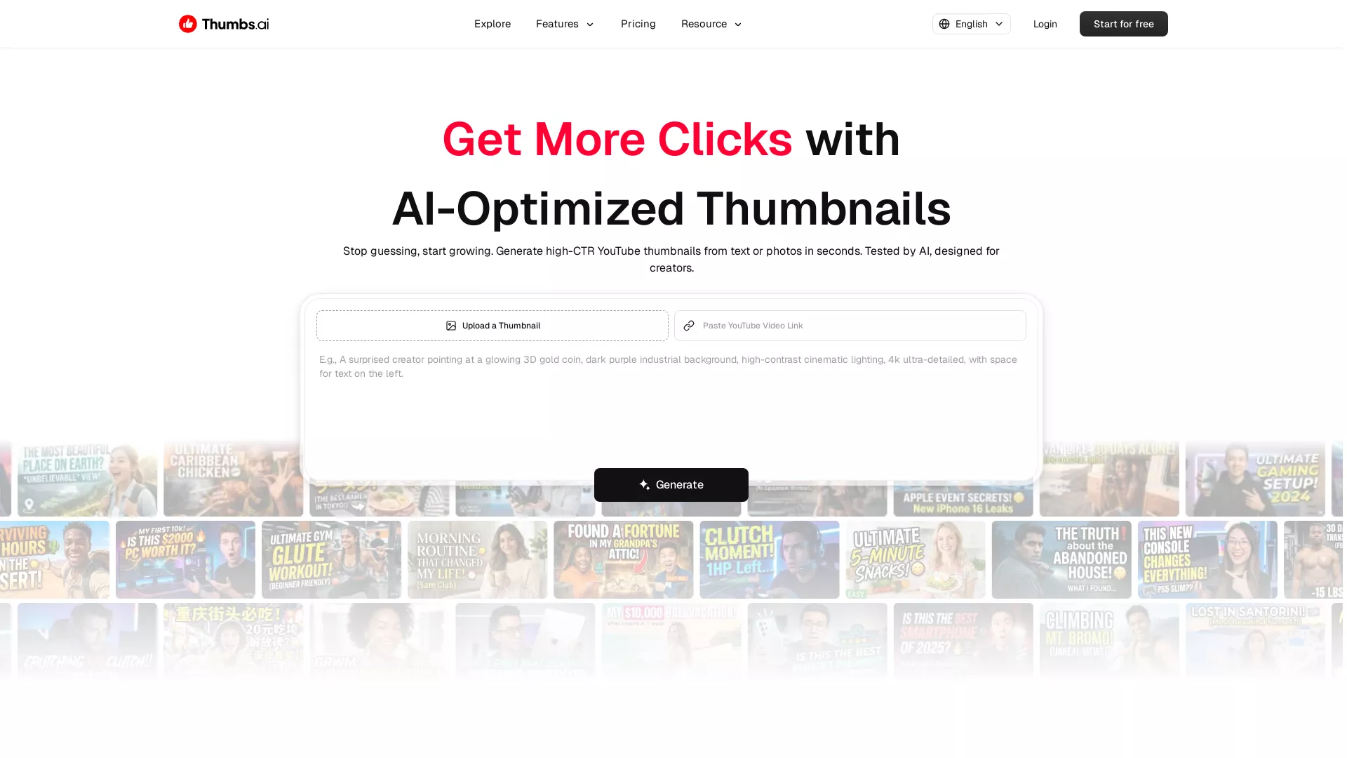 ThumbsAI - AI YouTube Thumbnail Generator Website Screenshot