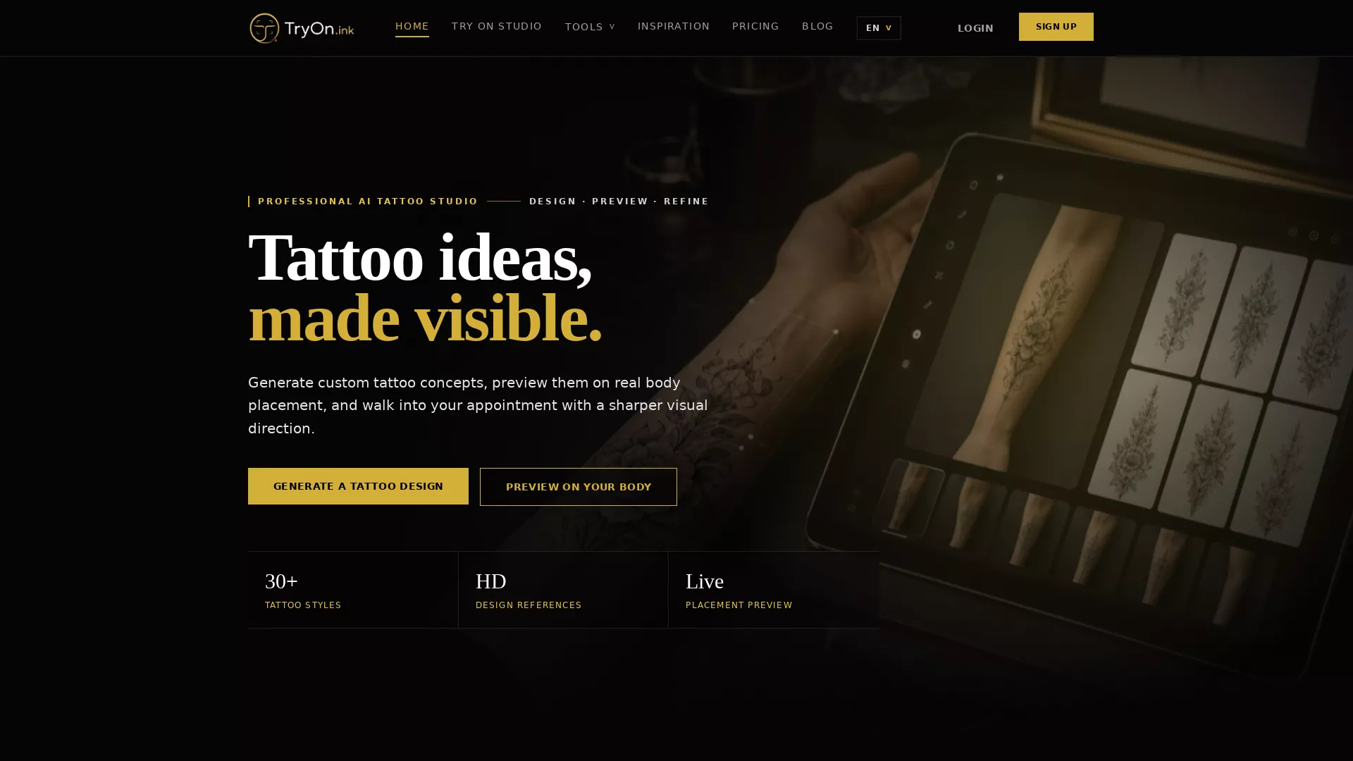 TryOn - AI Tattoo Design Generator Website Screenshot