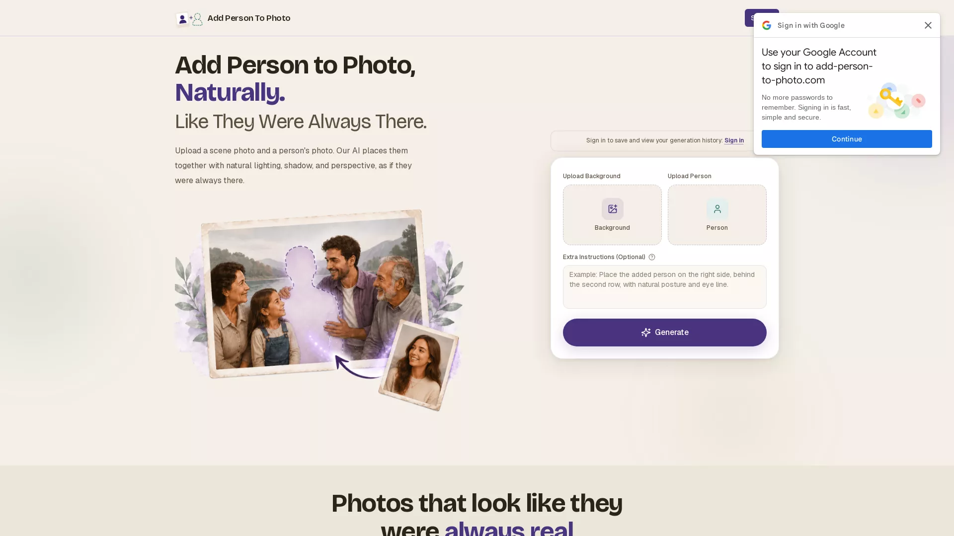 AddPersonToPhoto - AI Photo Compositing Tool Website Screenshot