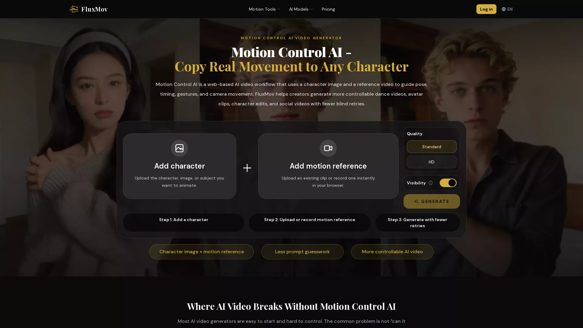FluxMov - AI Motion Control Video Website Screenshot