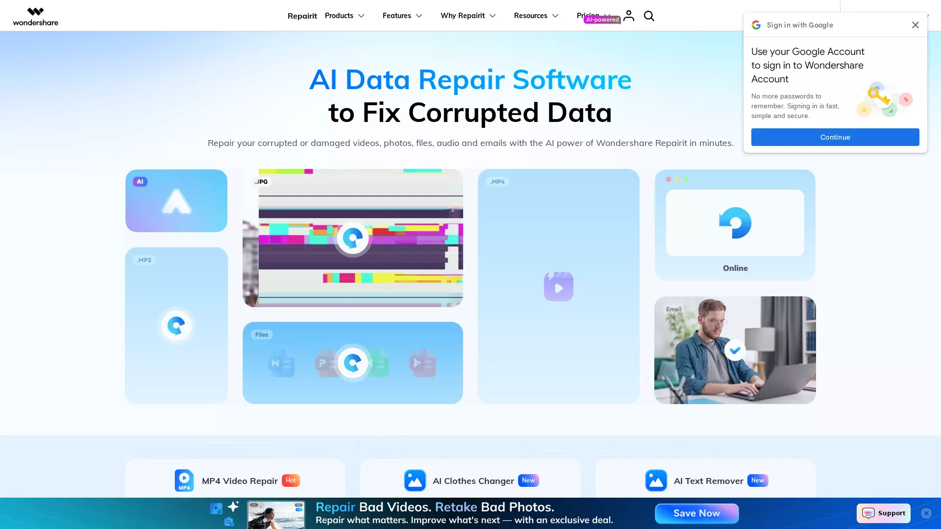 Wondershare Repairit - AI File Repair Tool Website Screenshot