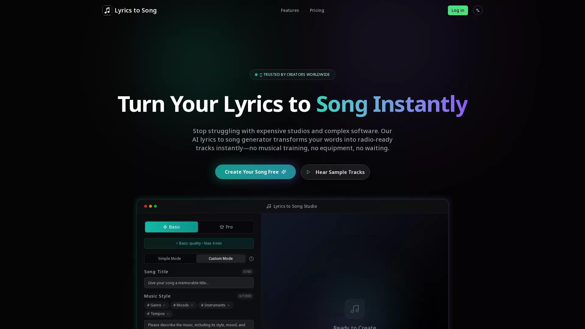 LyricsToSong - AI Music Generator Website Screenshot