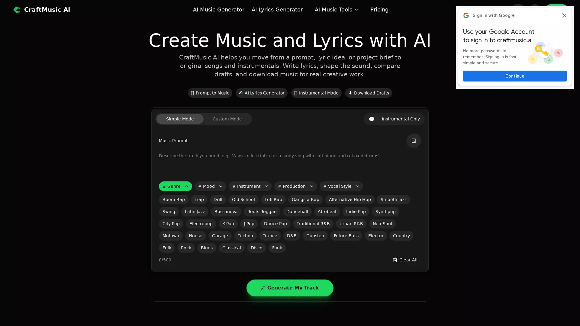 CraftMusic AI - AI Music Generator Website Screenshot