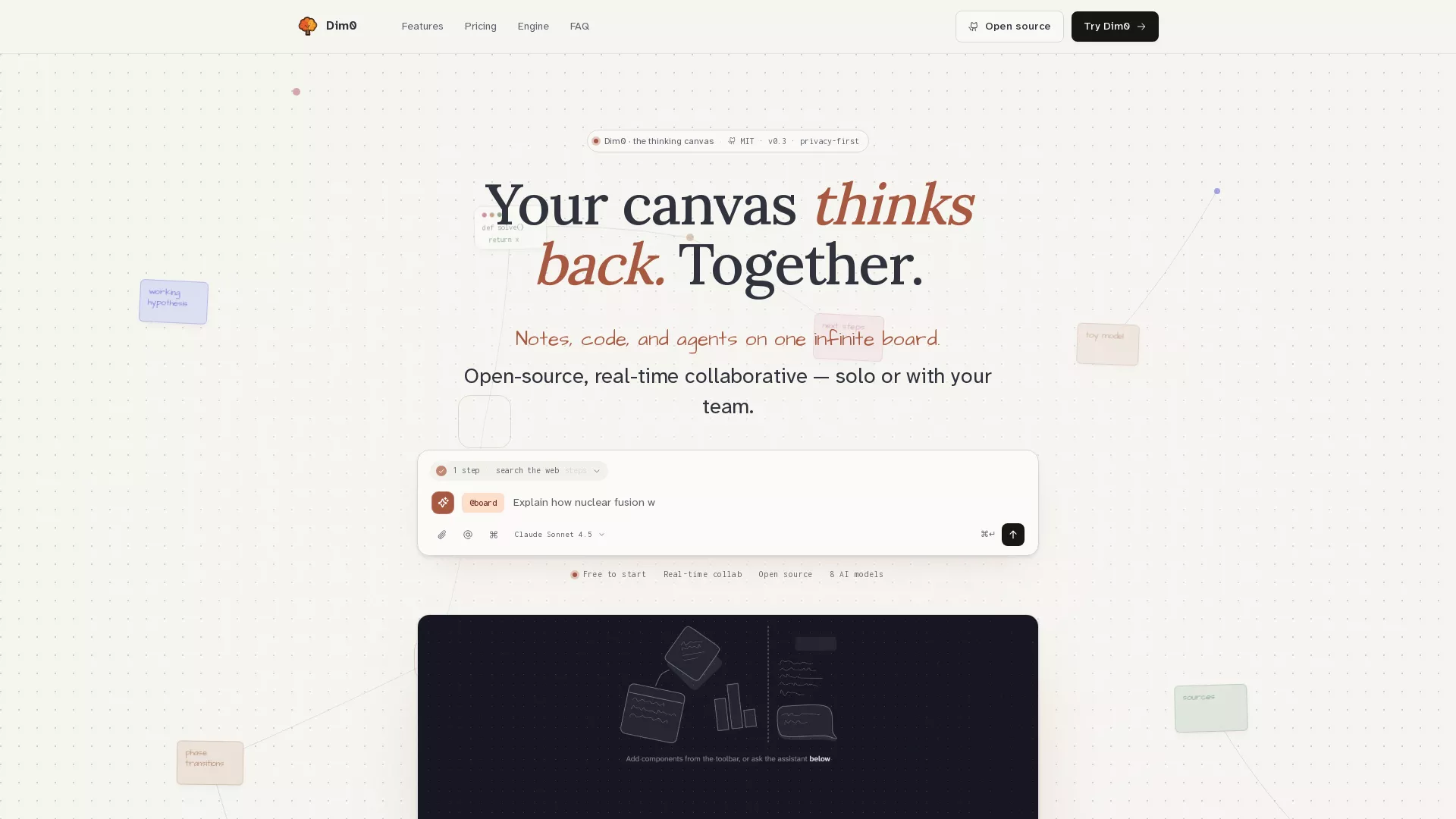 Dim0 - AI Canvas Note Taking Tool Website Screenshot