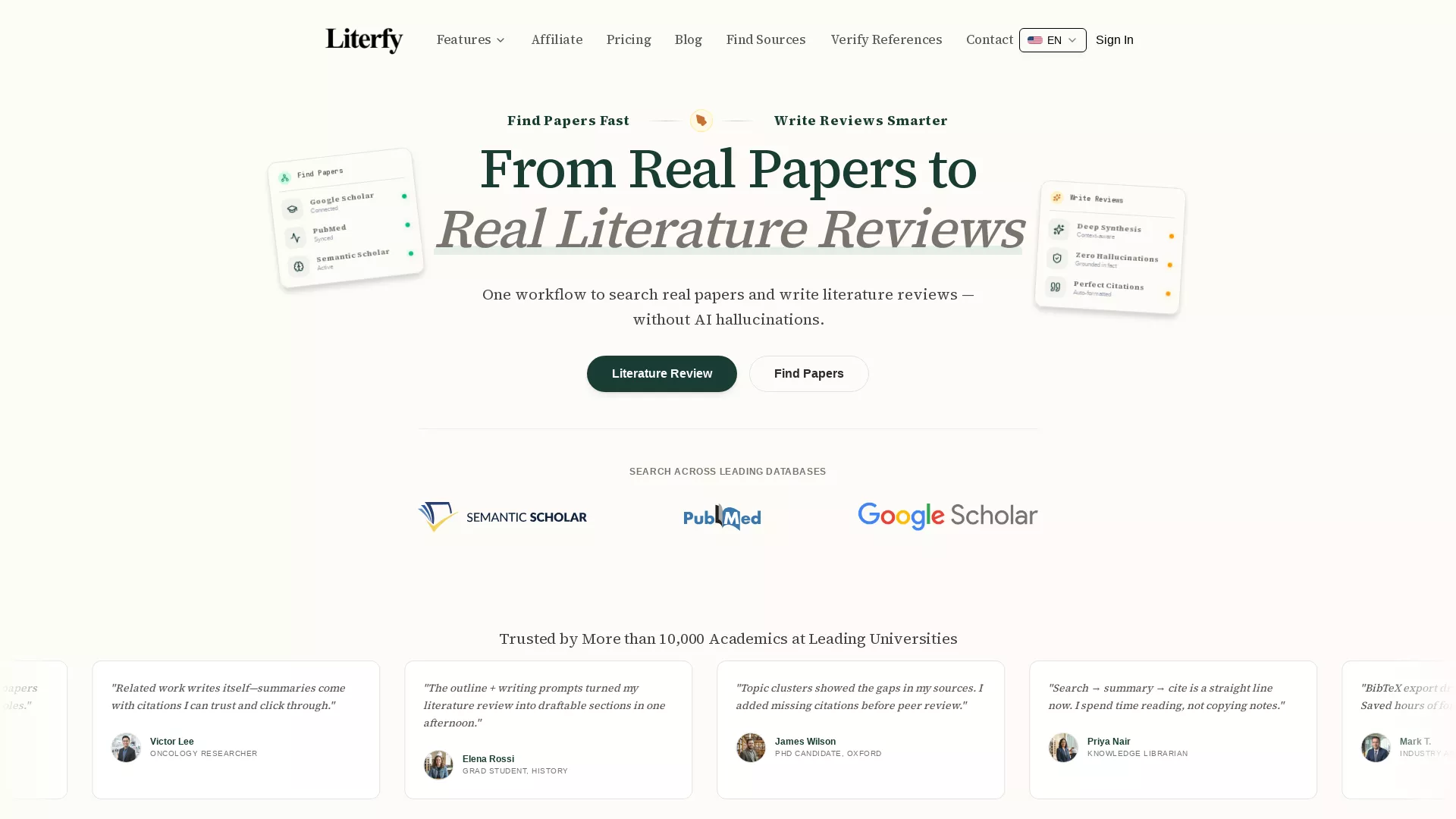 Literfy - Academic Research AI Website Screenshot