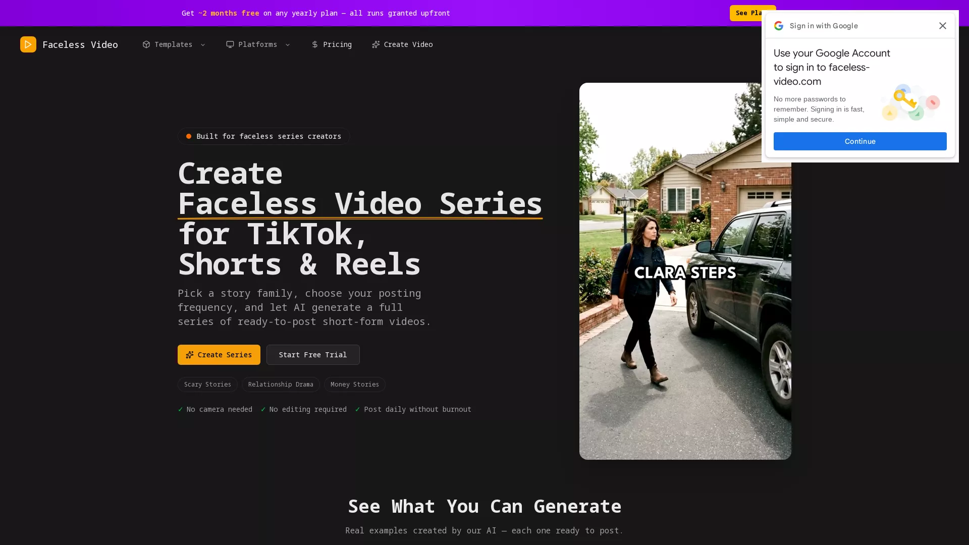 FacelessVideoGenerator - Video Creation AI Website Screenshot