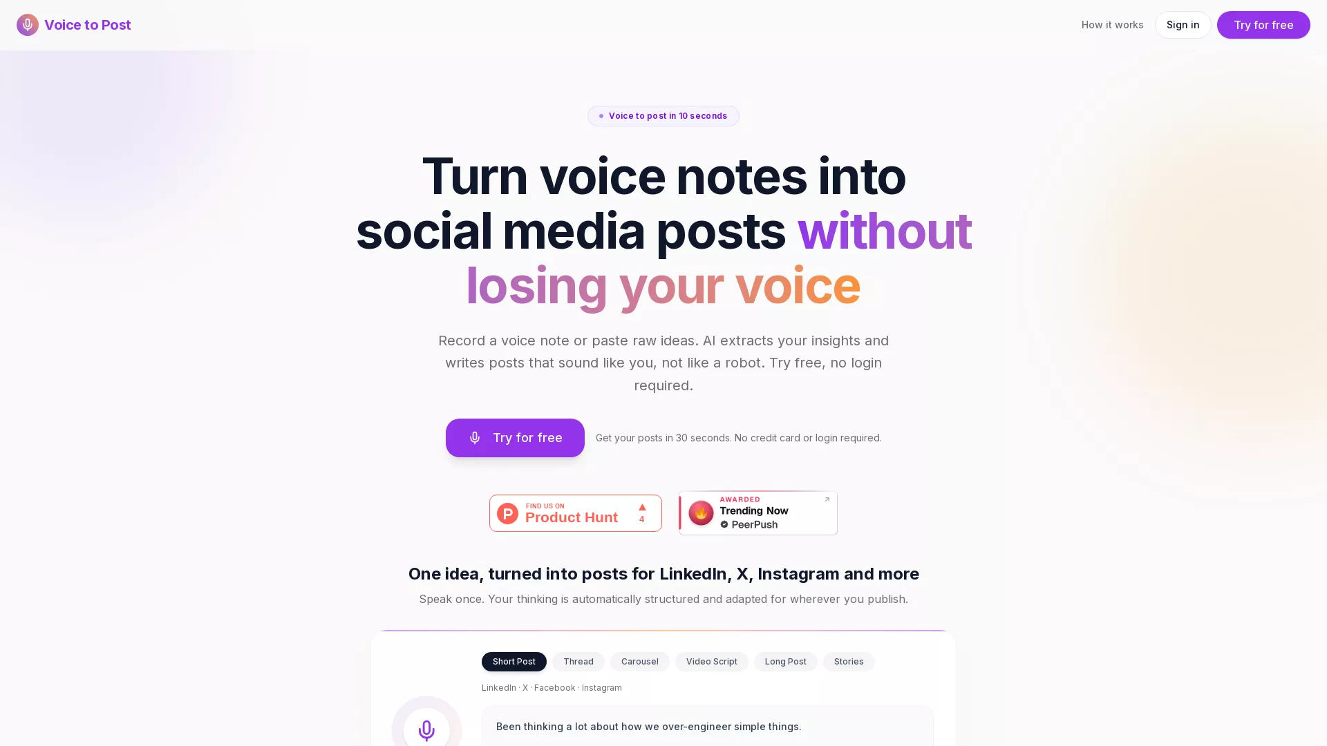 VoiceToPost - Social Media Content AI Website Screenshot