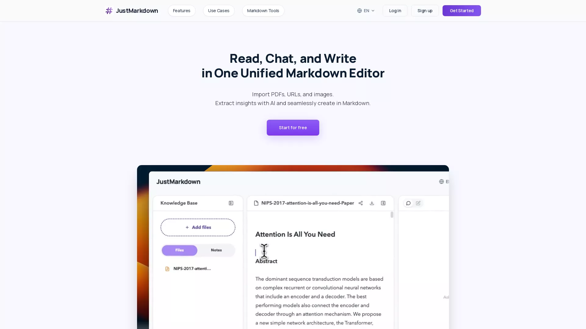 JustMarkdown - AI Markdown Editor Website Screenshot