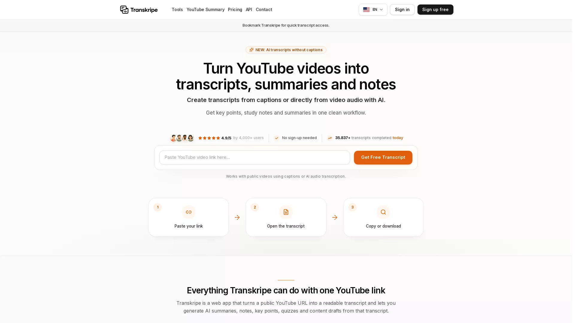 Transkripe - Video Transcription Tool Website Screenshot