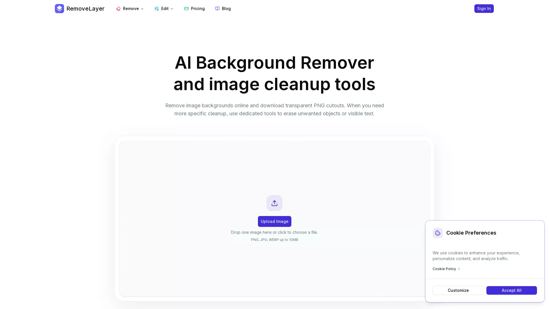 RemoveLayer - AI Background Removal Website Screenshot