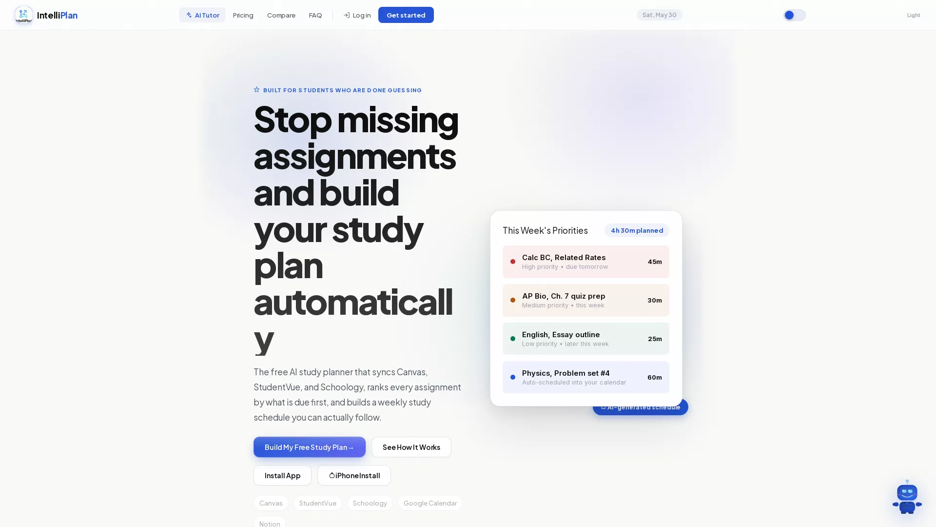 IntelliPlan - AI Study Planner Website Screenshot