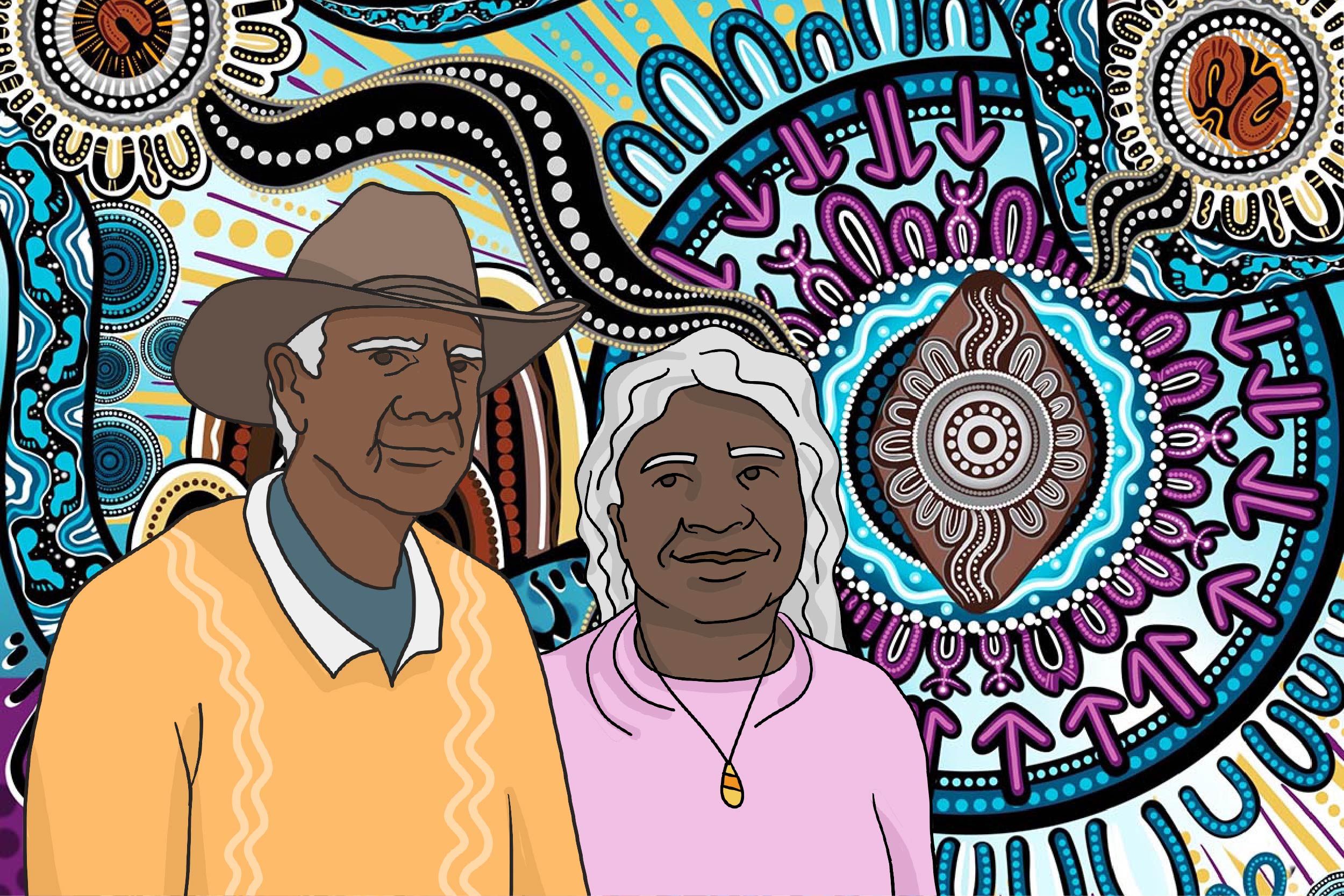 An illustration of an Aboriginal Elder couple in front of a vibrant, detailed artwork with circular motifs, arrows, dots, and earthy colours. The man wears a hat and yellow jumper, the woman wears a pink top with a pendant, both smiling gently.