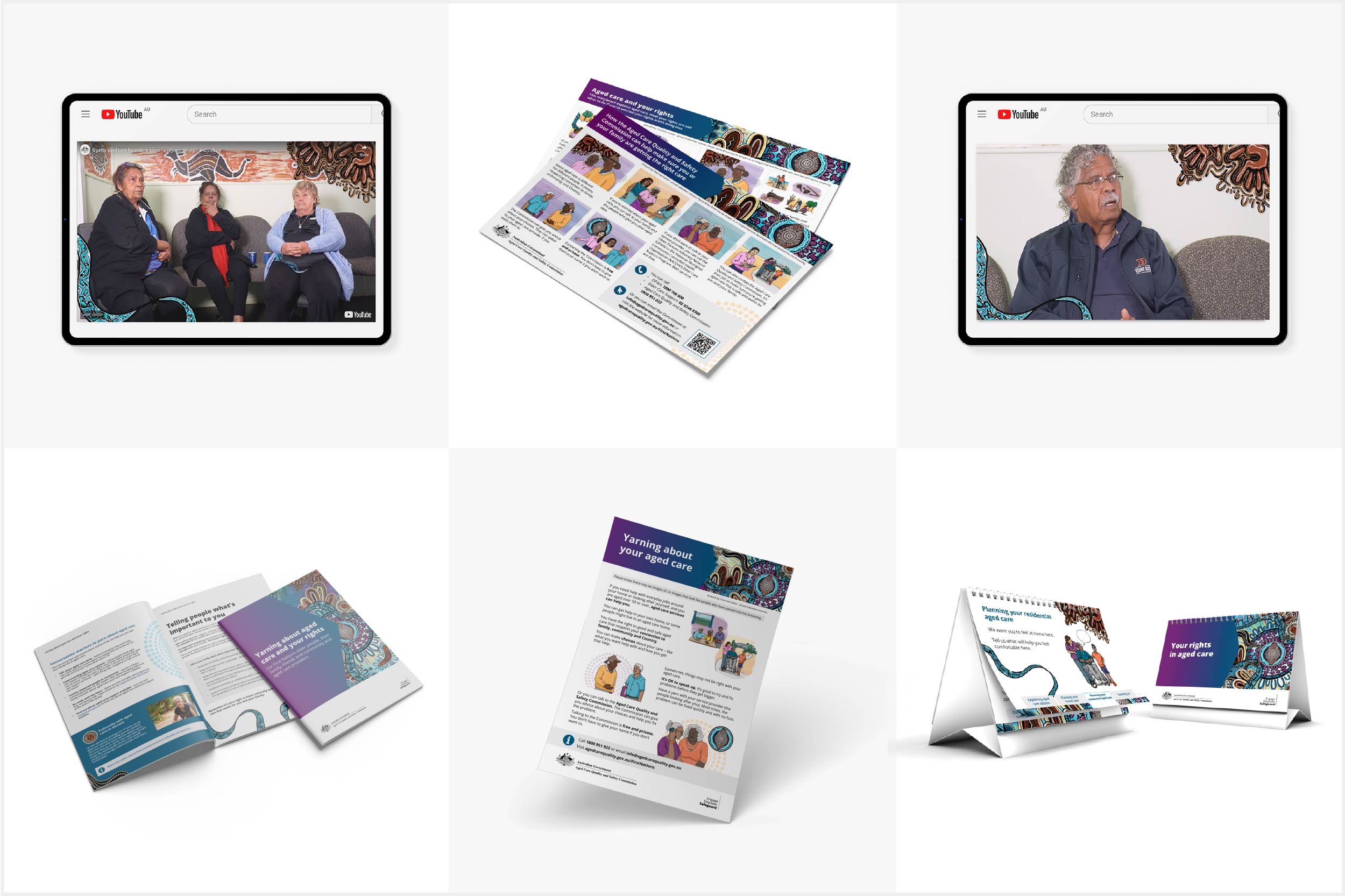 A collage showing Aboriginal and Torres Strait Islander aged care resources. Top row: screenshots of two YouTube videos with Elders sharing stories, and a colourful illustrated flyer about aged care rights. Bottom row: an open booklet with culturally designed artwork, a single-page flyer titled "Yarning about your aged care", and a desk calendar with illustrated messages about aged care rights.