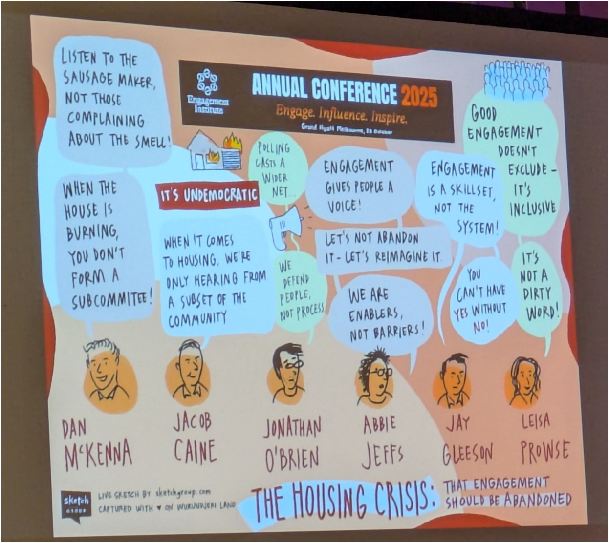 A graphic illustration from the Engagement Institute Annual Conference 2025 shows quotes from speakers about community engagement and the housing crisis. Cartoon portraits accompany quotes like “Engagement gives people a voice!” and “We are enablers, not barriers!” under the conference theme “Engage. Influence. Inspire.”