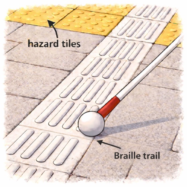 Illustration of a white cane touching tactile ground surface indicators on a paved footpath — long raised bars forming a guidance path leading to yellow blister warning tiles at a crossing.