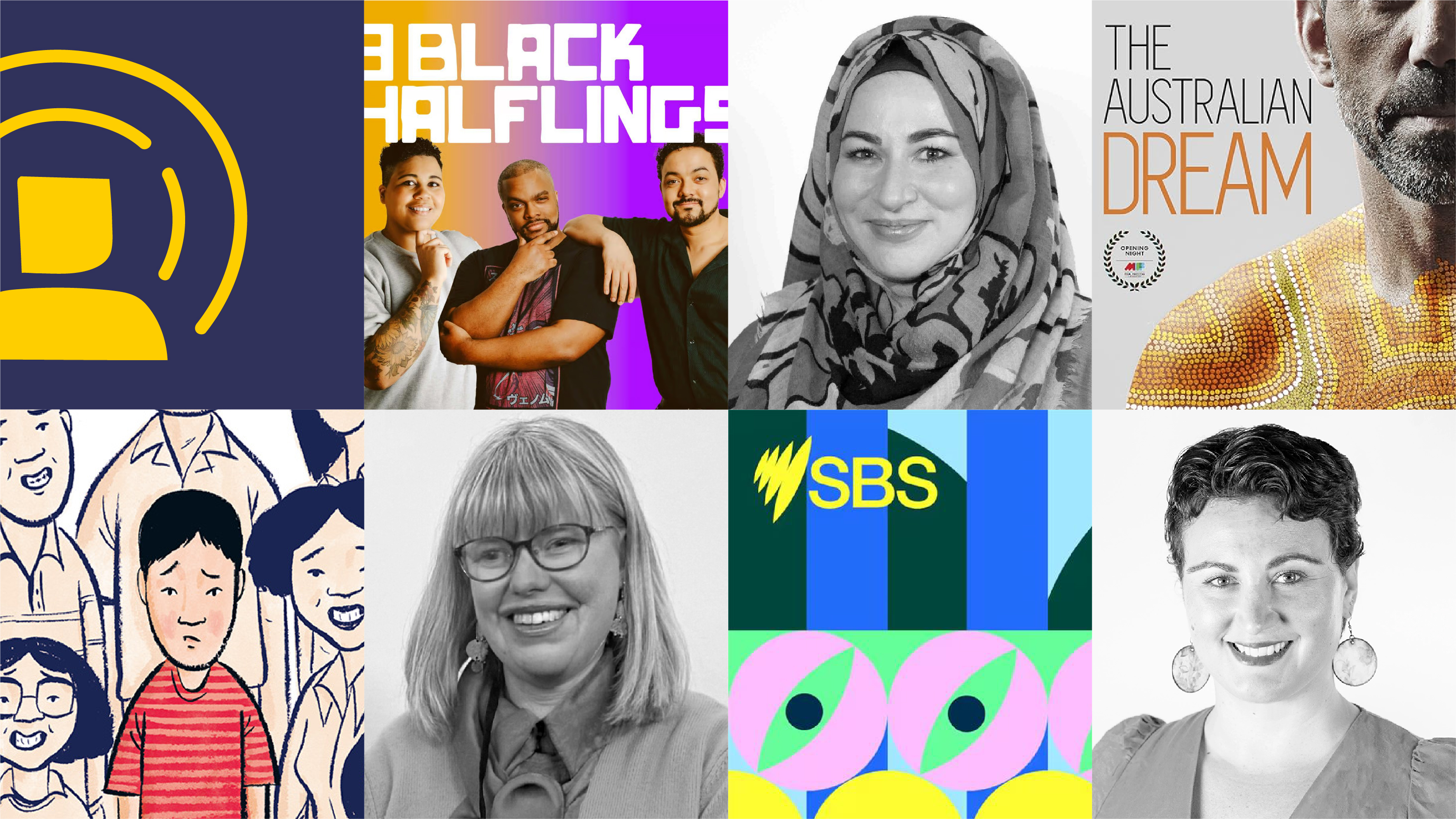 A collage of different images, including podcast art, portraits of people, illustrations, and logos arranged in a grid.