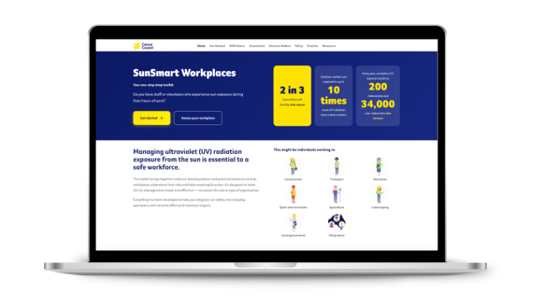 A laptop screen displaying the Cancer Council "SunSmart Workplaces" toolkit homepage, showing key statistics on UV exposure and skin cancer risk, with icons representing industries such as construction, transport, agriculture and local government.