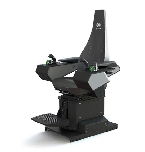 Steer Remote operator chair with dual joystick controls – angled front view