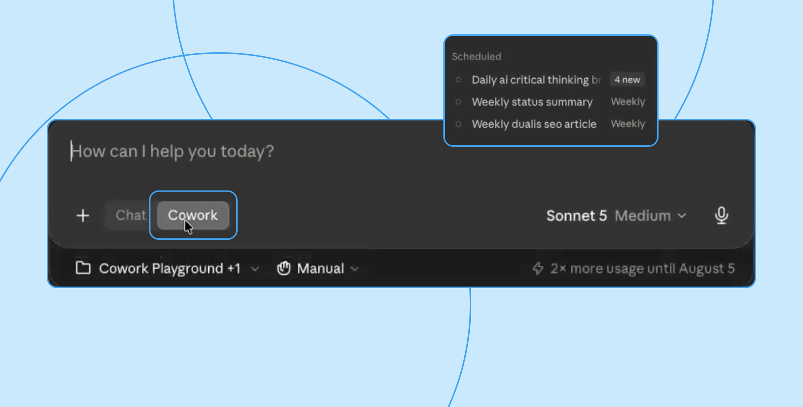 Screenshot of the Claude chat interface showing scheduled recurring tasks like weekly status summaries