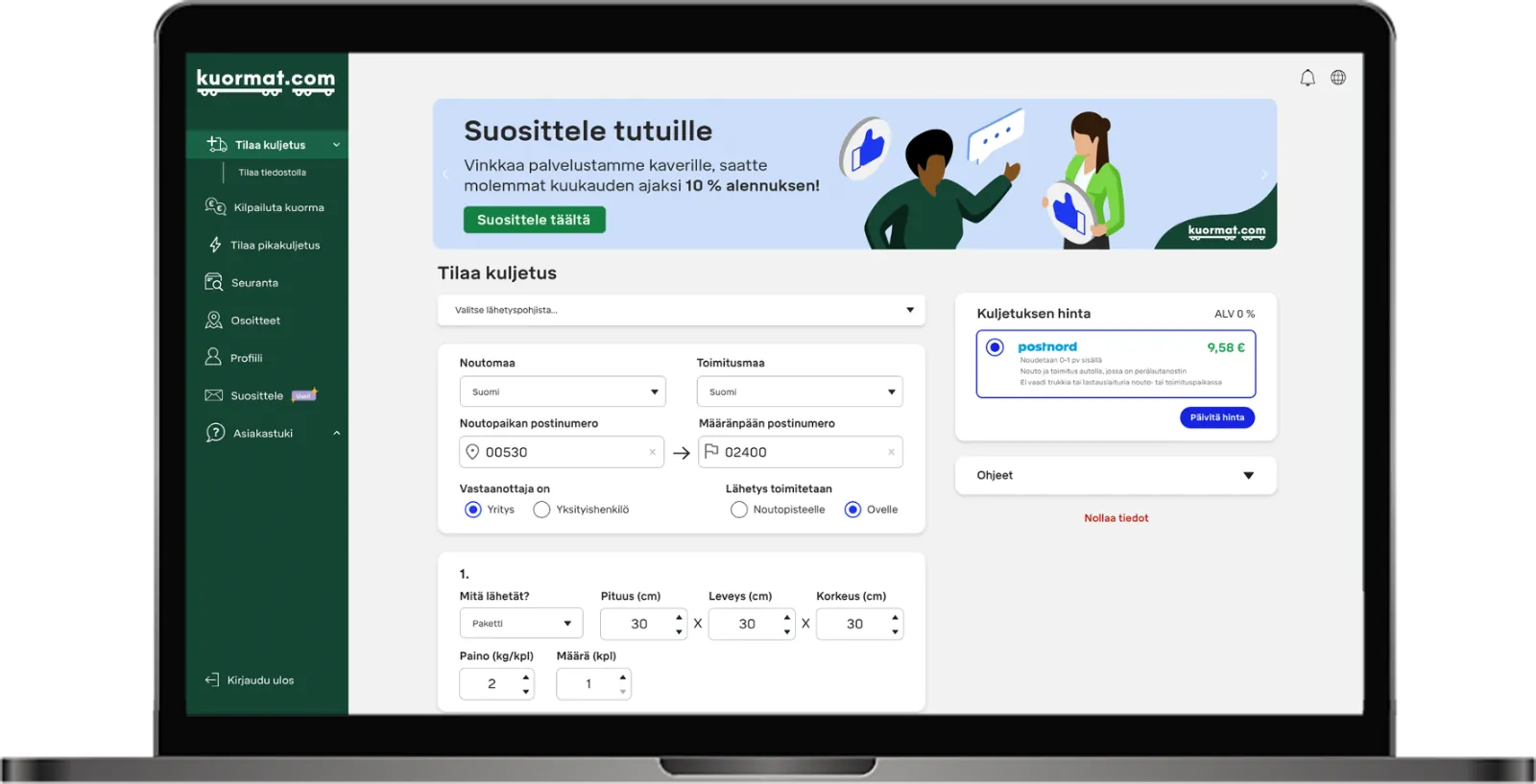 Kuormat.com-alustan työpöytänäkymä lähetyskuljetusten tilauslomakkeesta.