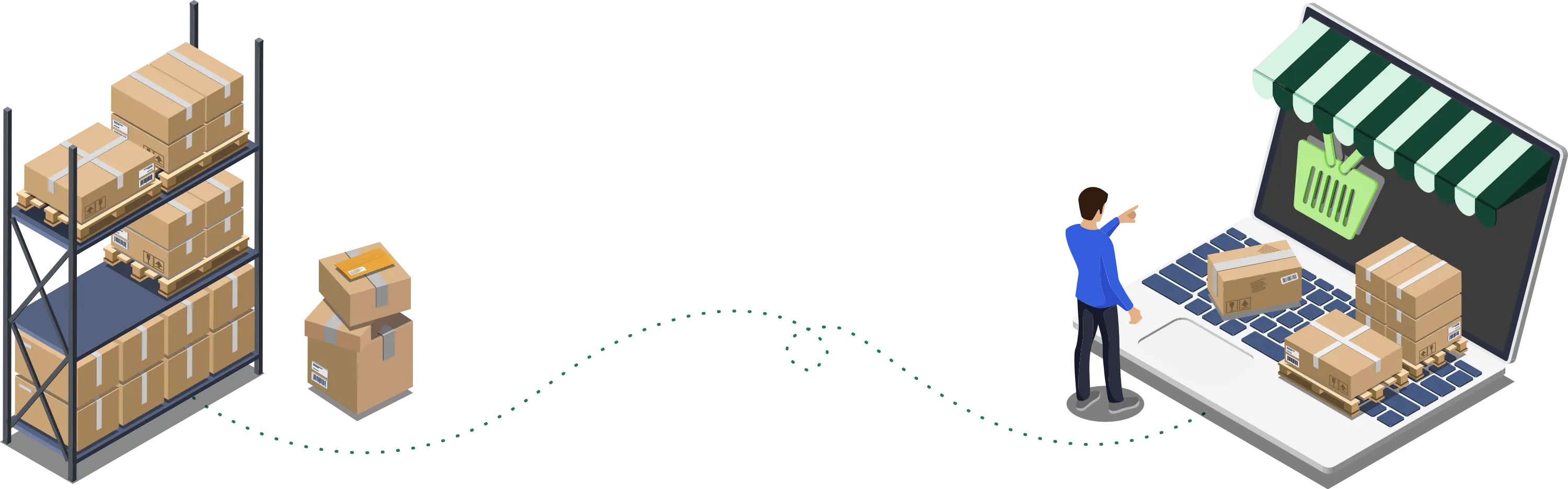 Hero-kuva verkkokaupan kuljetuksista: Isometrinen kuvitus miehestä varaston hyllyjen ja verkkokauppa-alustan ääressä, kuvaten pakettikuljetusten edullista hallintaa.
