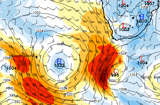 The storm bears down on the southern Cape. Forecast for 20h00 Thursday 9 February 2012. 
