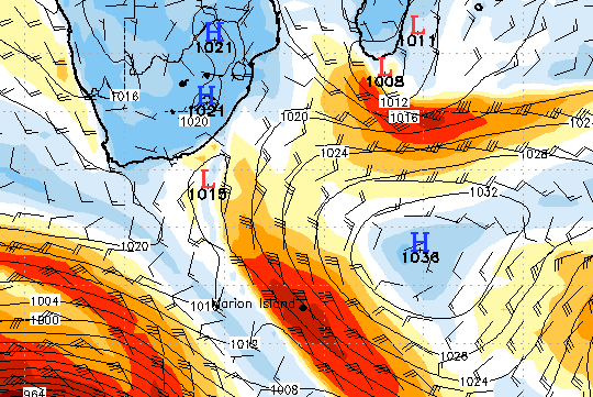 SW Indian Ocean surface wind and direction, 8am, Wed 13 April 11