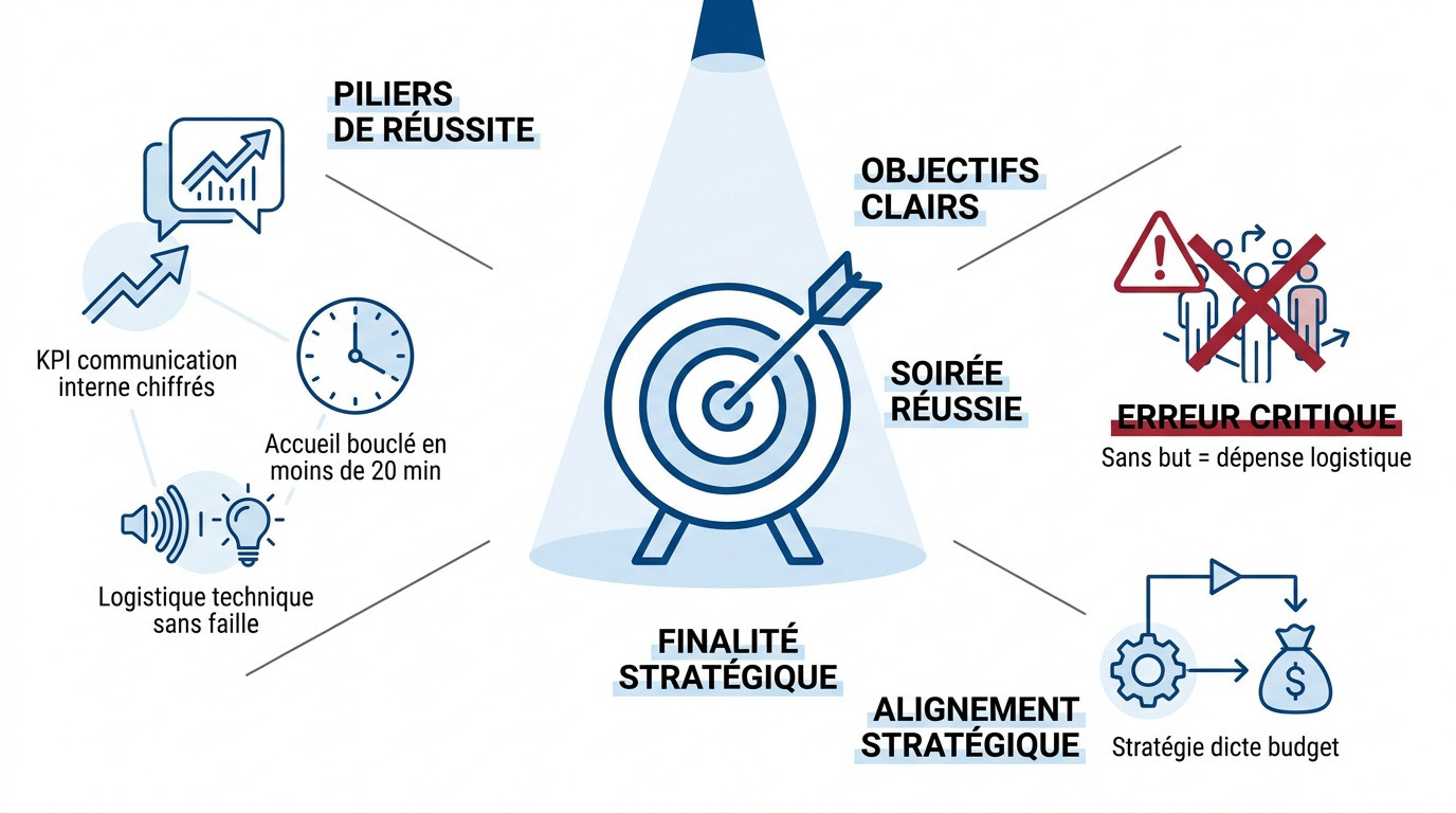 Infographie sur les piliers d'une soirée d'entreprise réussie : objectifs, stratégie et erreurs à éviter