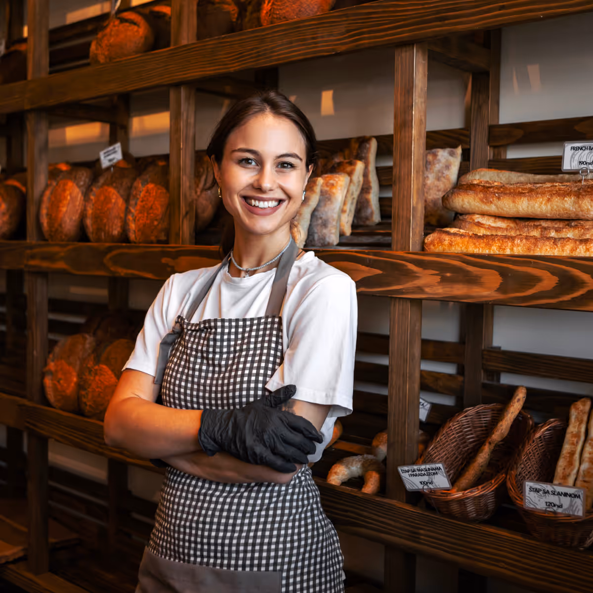 A baker standing in her shop