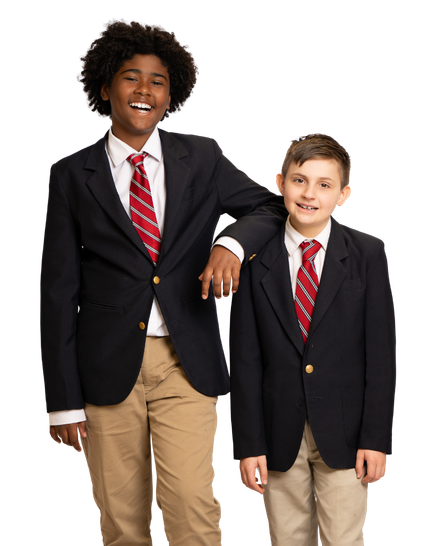 Two young boys hugging each other