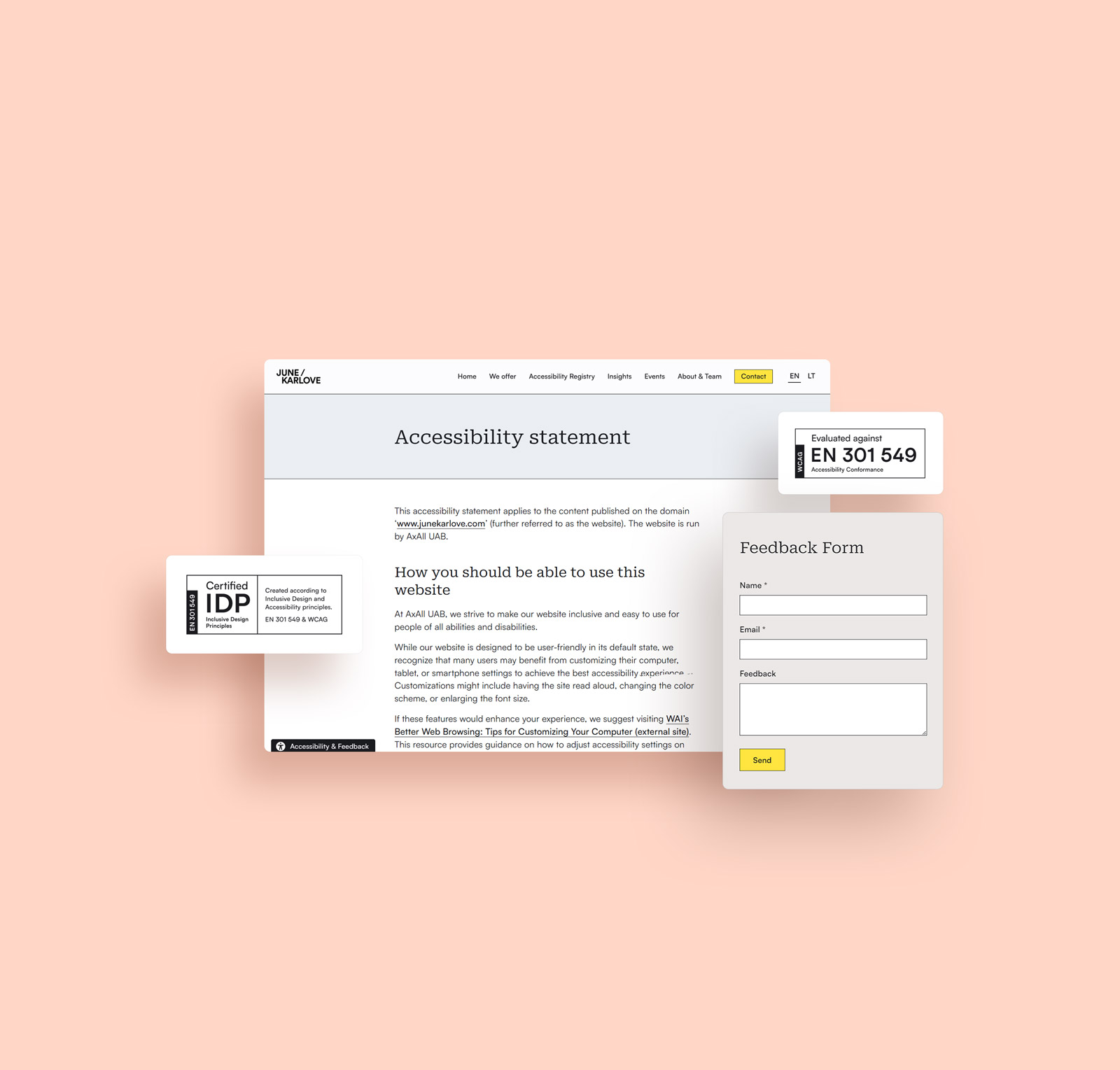 A mockup of our accessibility statement page, feedback form and accessibility certification badges