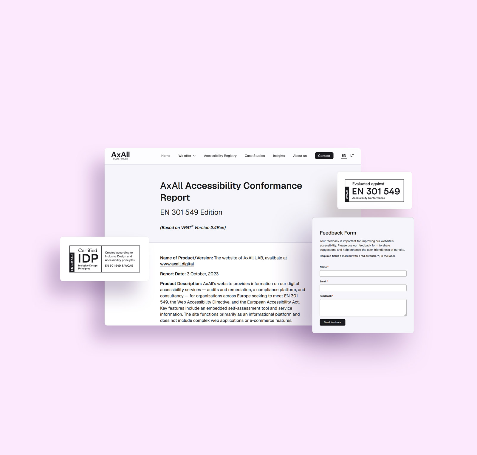 A mockup of our accessibility statement page, feedback form and accessibility certification badges