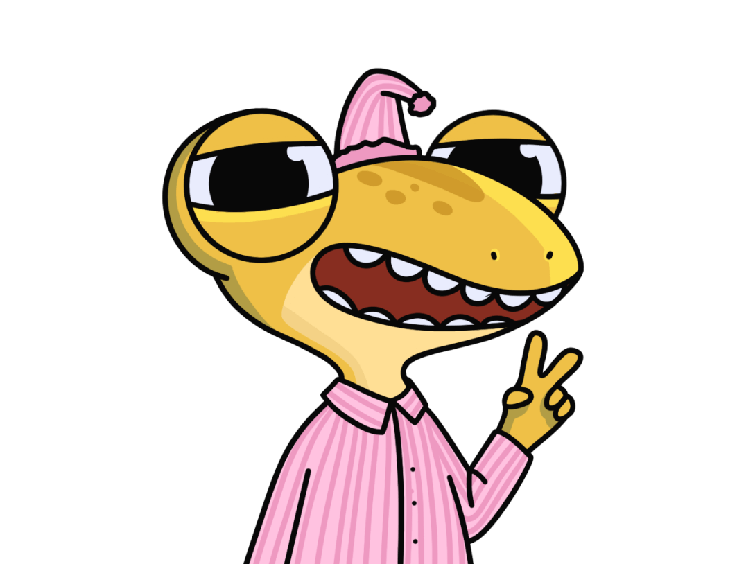 yellow lizard in pyjamas throwing a 'peace' sign