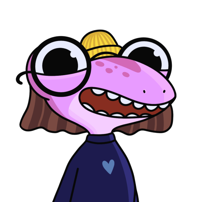pink lizard with yellow hat and blue sweater
