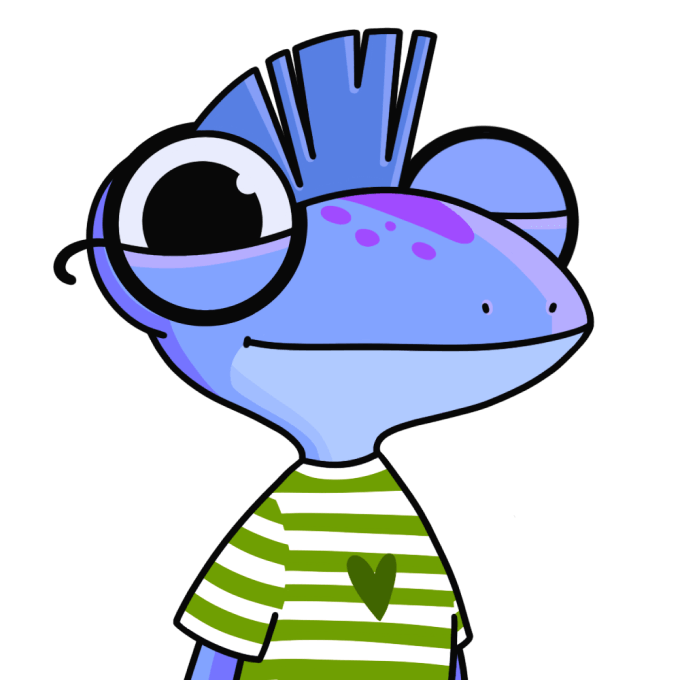 blue lizard with mohawk, green shirt and black glasses