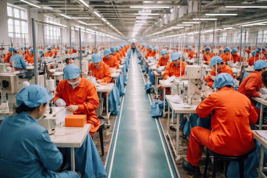 Workers in a large Chinese garment factory sit at rows of sewing machines along a central aisle, wearing orange uniforms and blue caps in a brightly lit production hall.