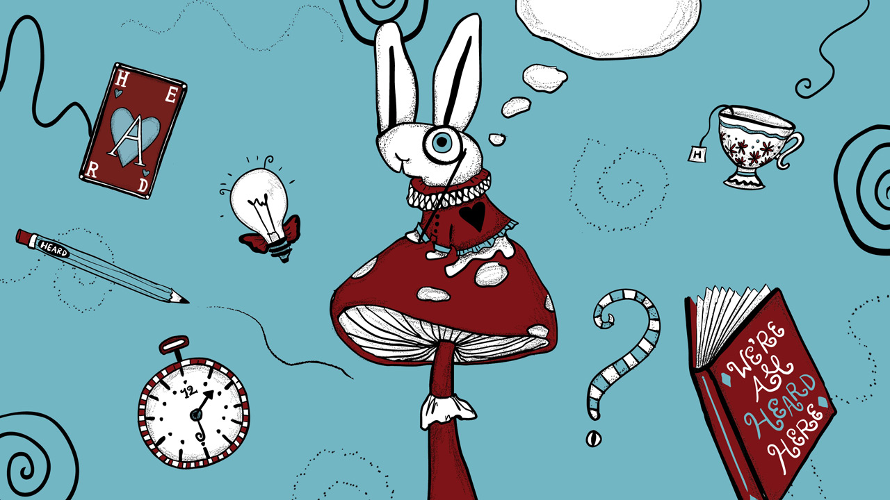 A collage of illustrations including a lightbulb, playing card, stopwatch, pencil, and white rabbit sitting on a mushroom, all on a blue background