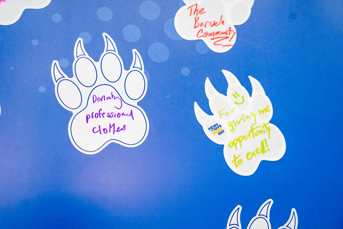 Wall of thank you notes in the shape of a bearcat paw