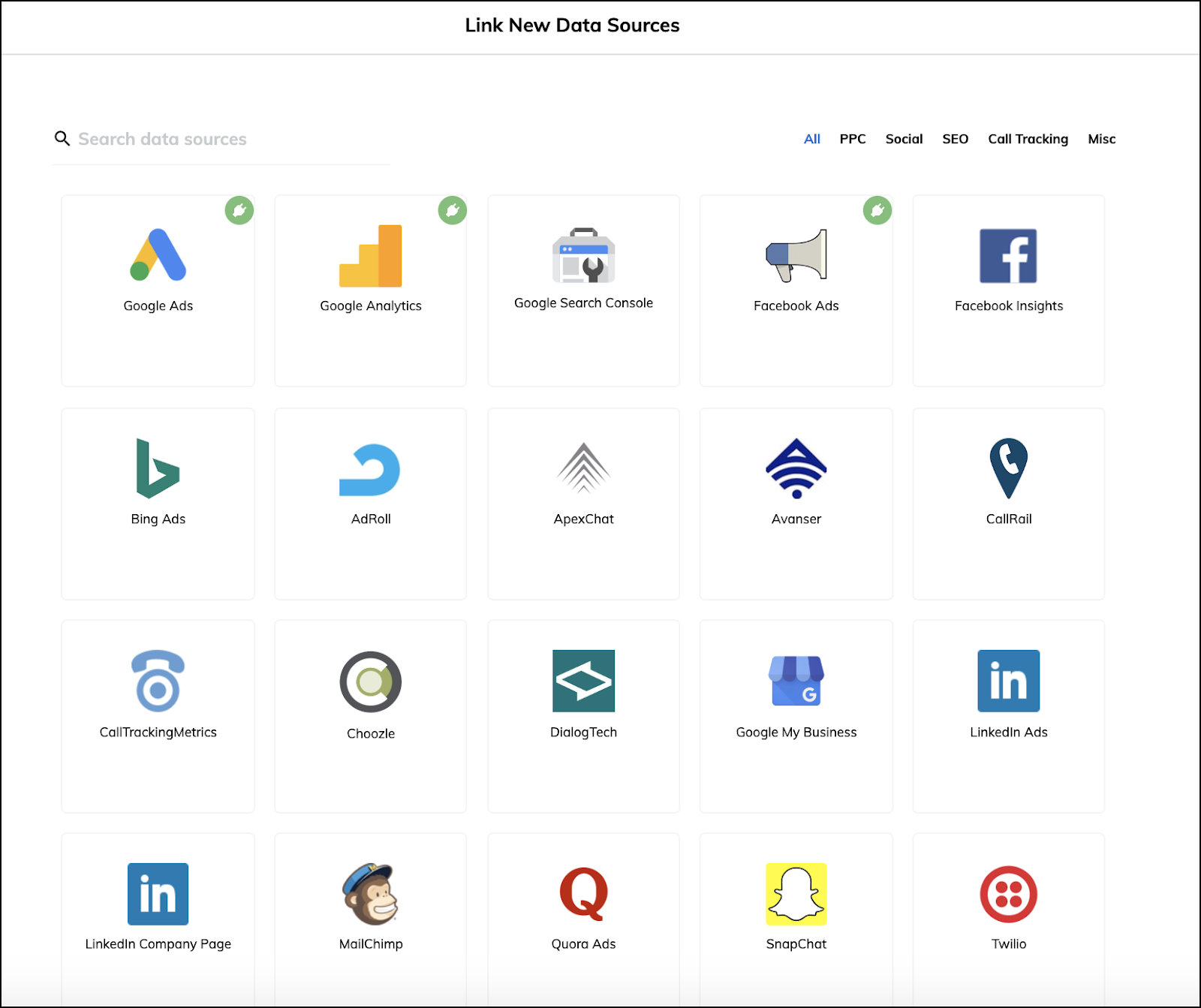 Step two to set up your Reporting Dashboards with ReportGarden is to connect your data sources.